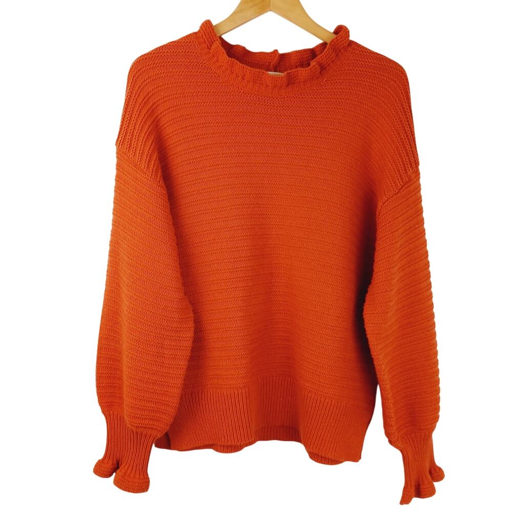 Madewell SZ L Ruffle-Neck Pullover Sweater in Cotton-Merino Yarn Color: Knit Red - Picture 2 of 5